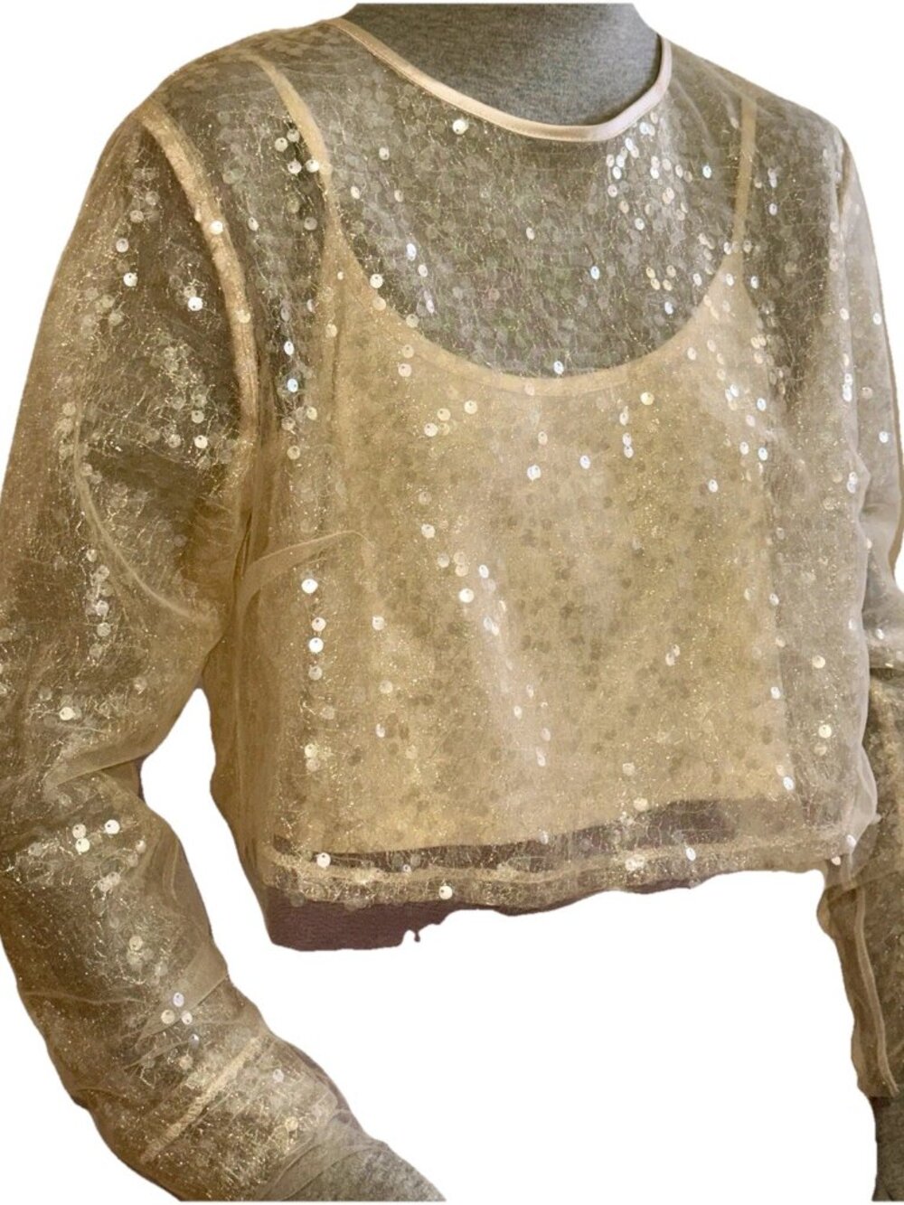 Jason Wu Champagne Sequined Tulle 3Layer Long Sleeve Crop Occasion Top sz M NWOT